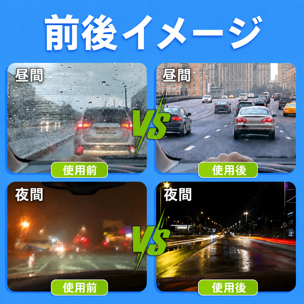 使用前後の視界比較 昼間・夜間