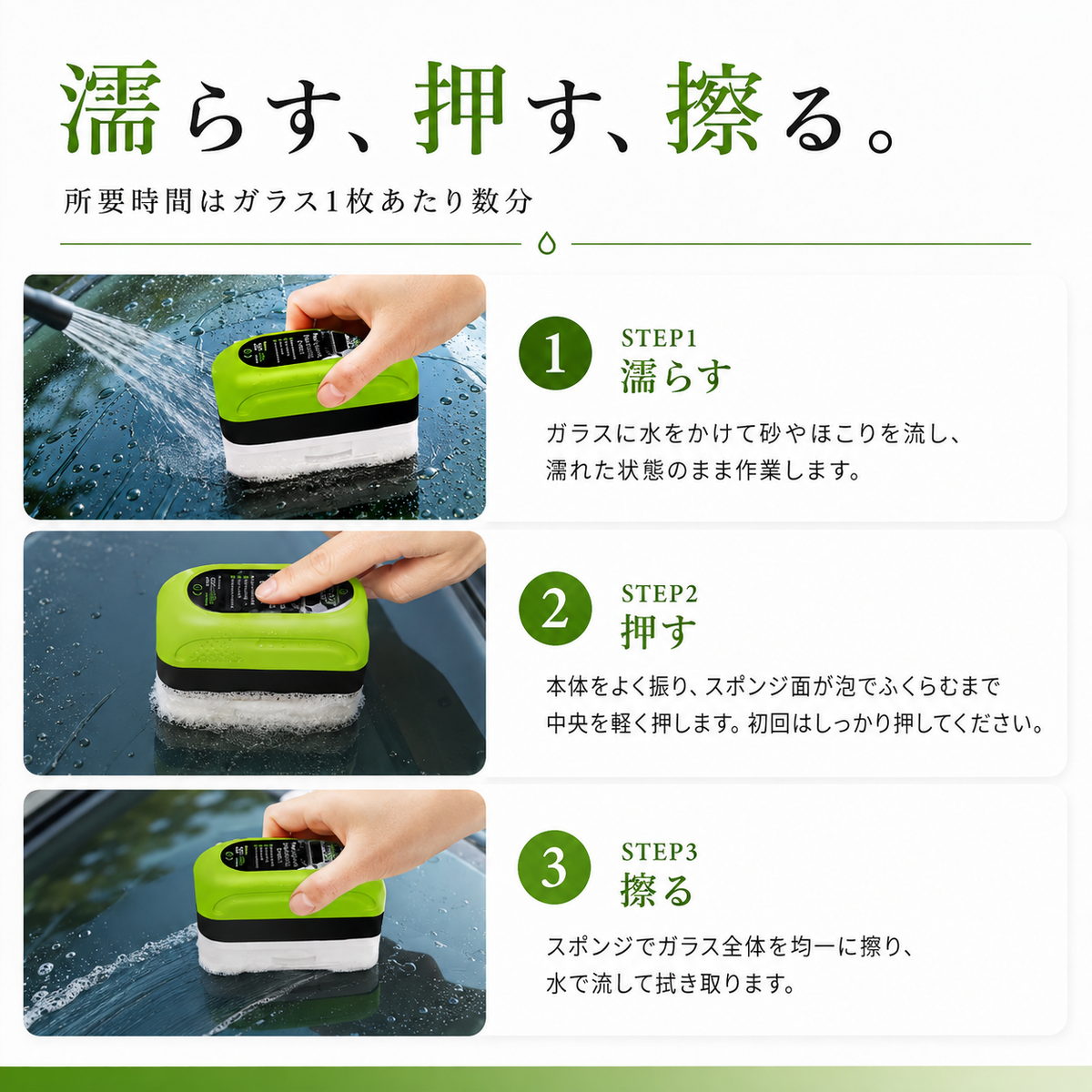 使い方3ステップ 濡らす・押す・擦る